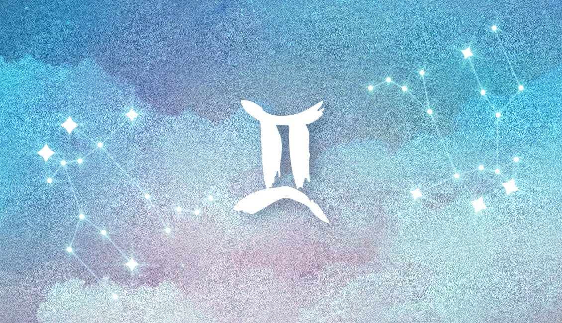 The Zodiac symbol for Gemini with a dreamy, celestial background.