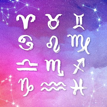 A collage of all the Zodiac symbols with dreamy, celestial background.