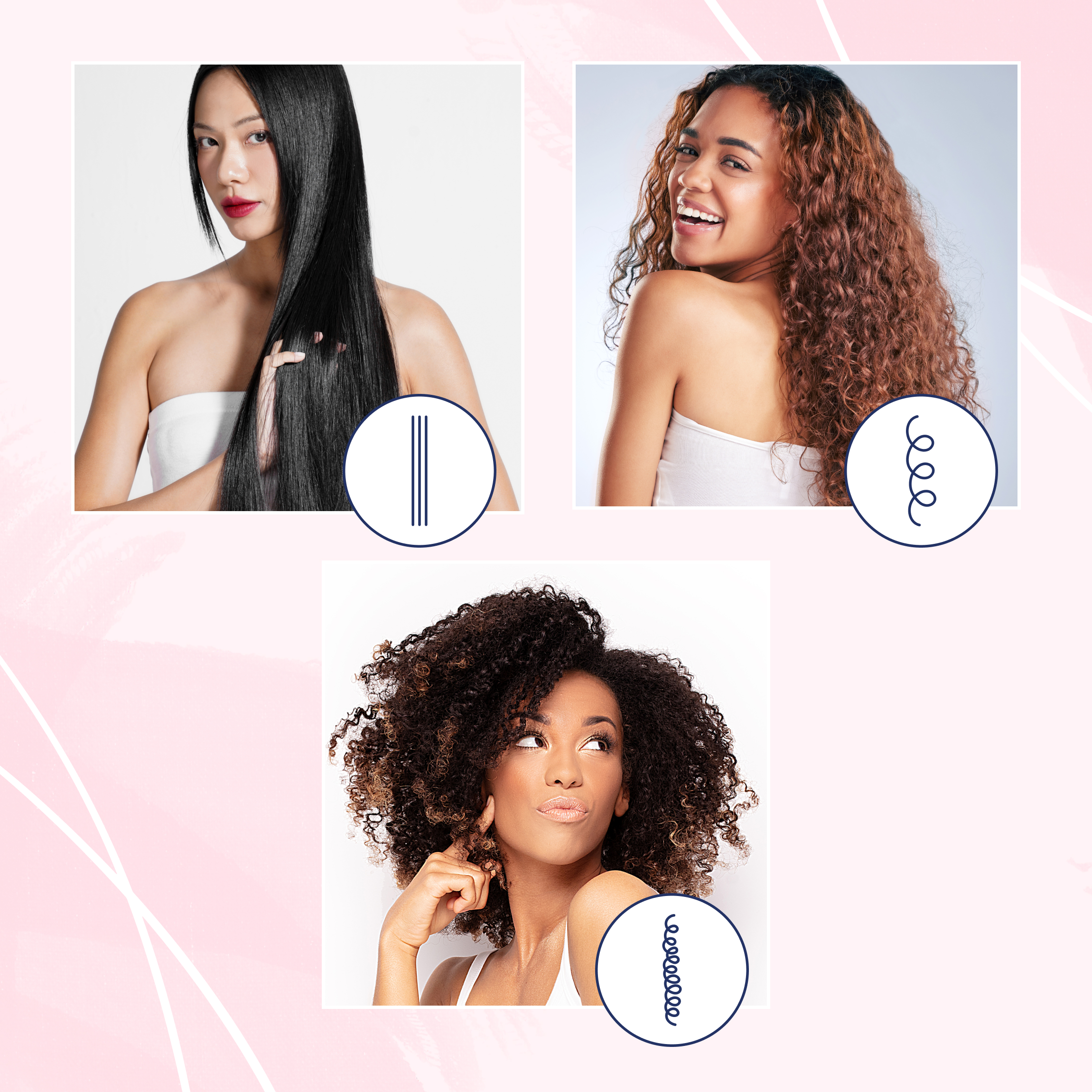 Three different women showing the three of the four main hair types: straight, curly, and coily.