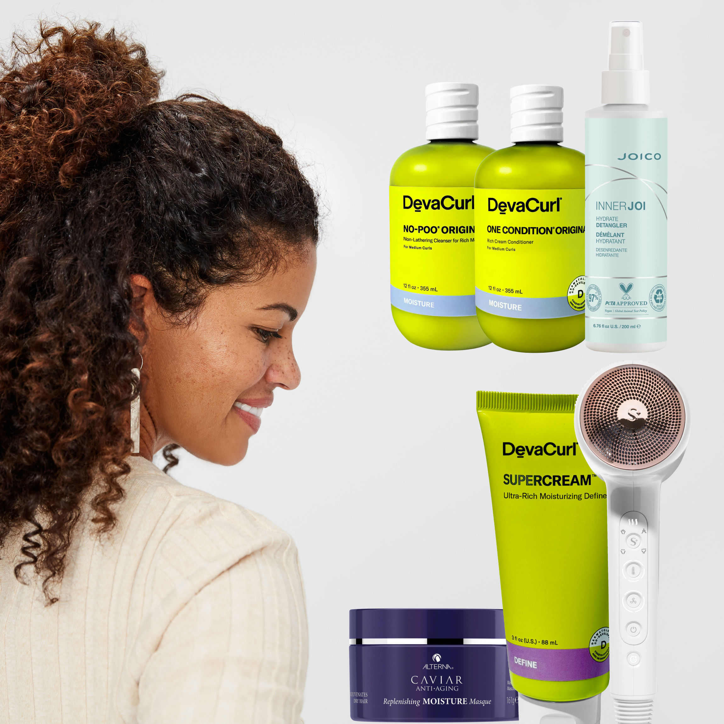 Woman with curly hair next to collage of the recommended curly hair care products. 