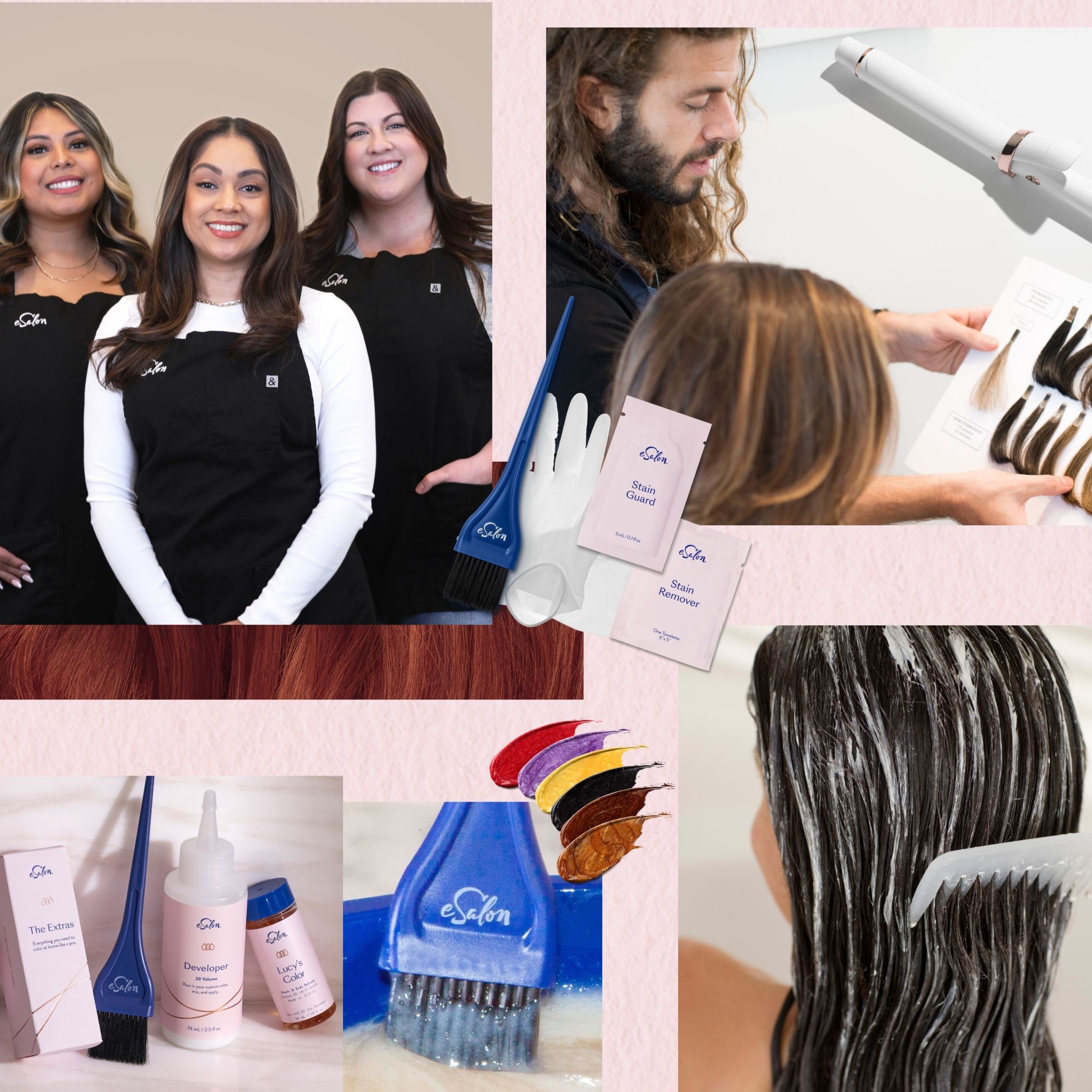 Scrapbook style image featuring pictures eSalon stylists different styling tools.