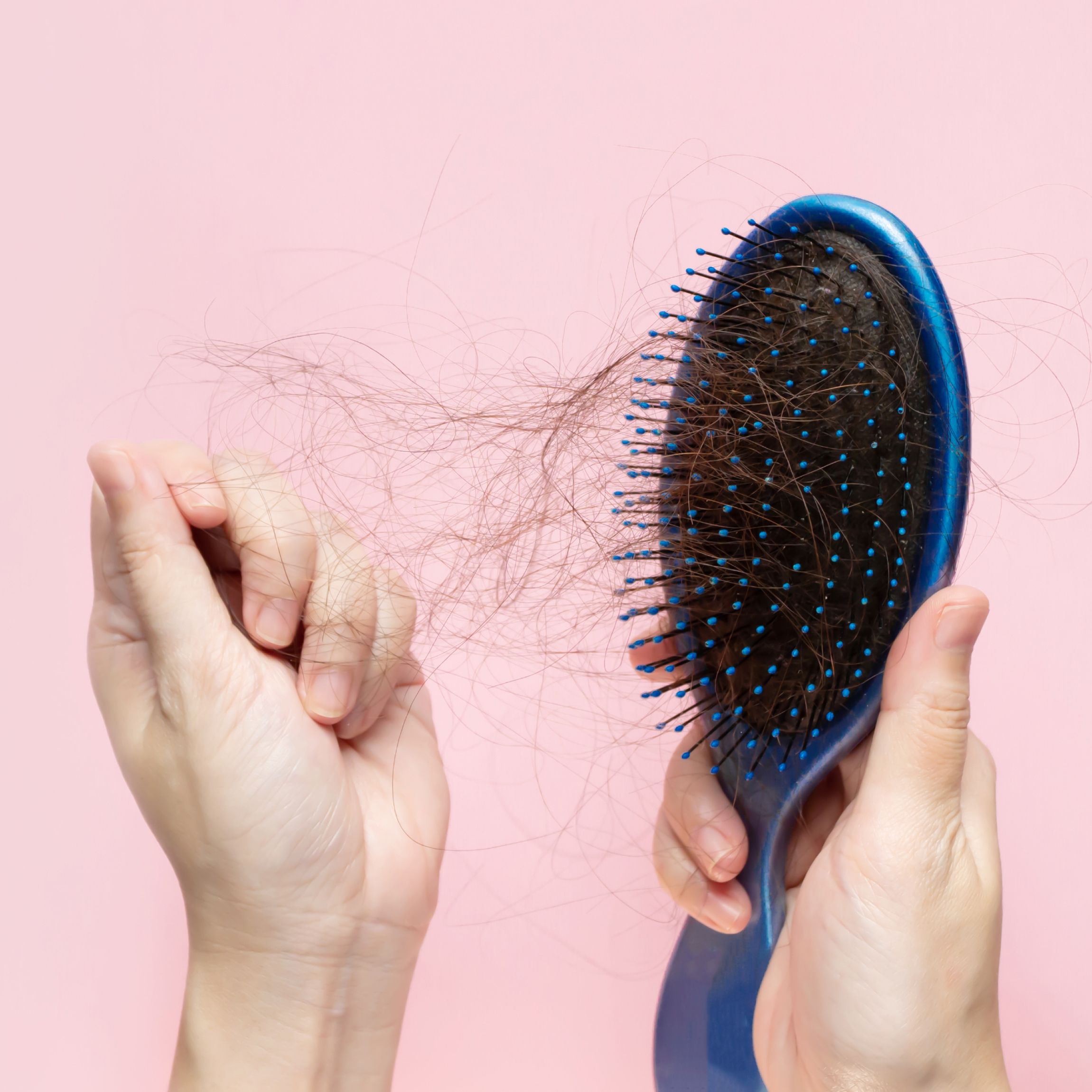 A person's hand pulling hair off of a brush. 
