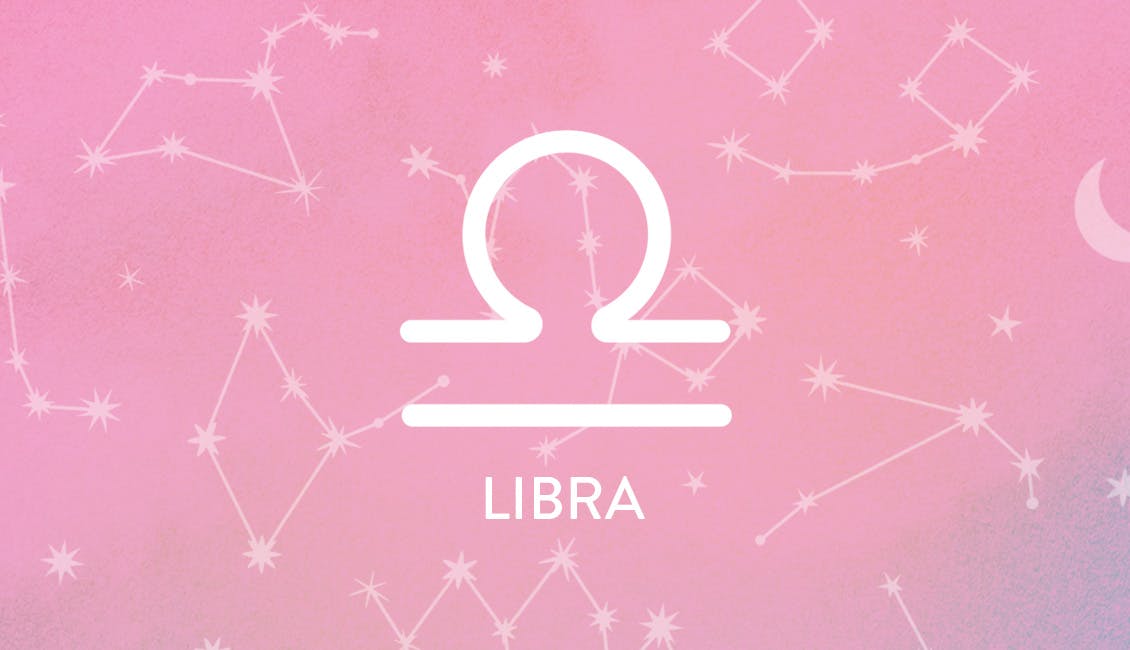 The Zodiac symbol for Libra with constellations in the background