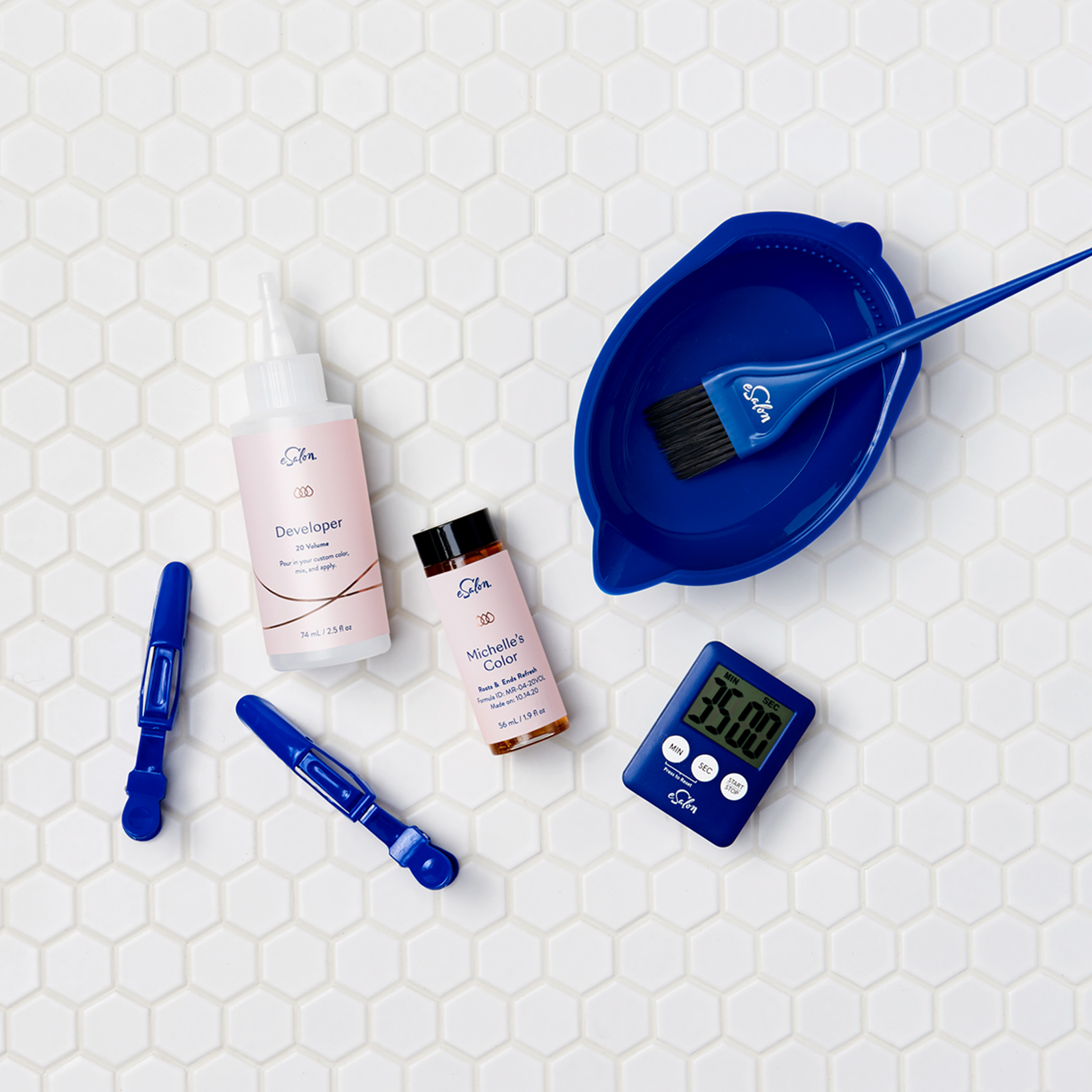 eSalon custom color set items displayed on a white tile background.