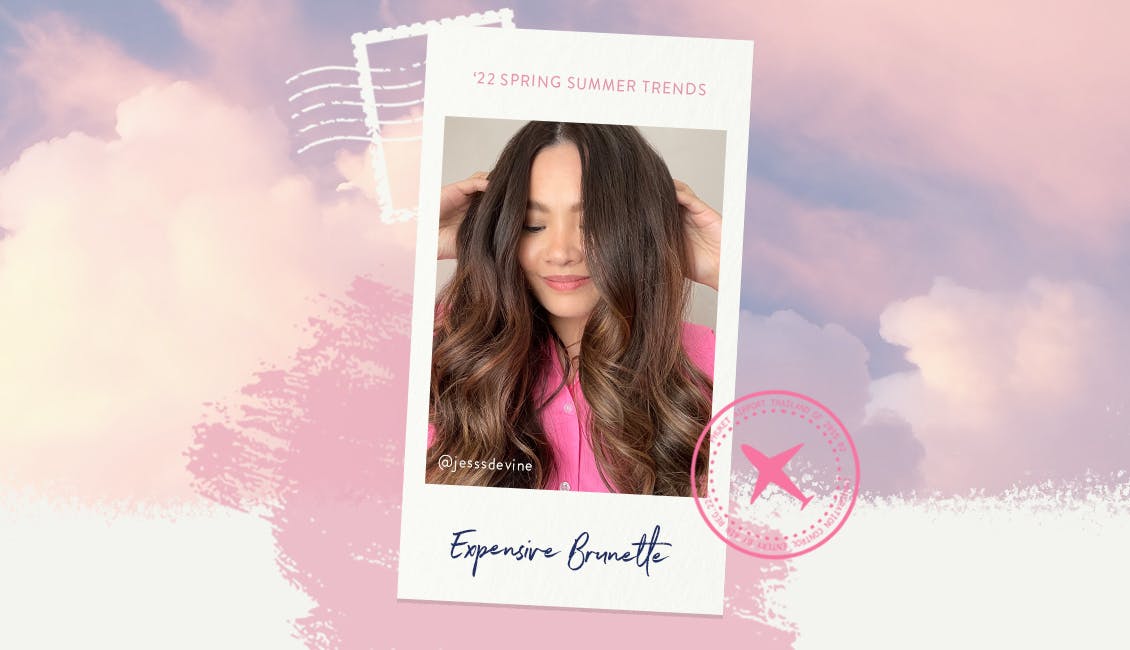 The beautiful Jesse shows off our most luxe trend of our Spring and Summer 2022 hair colors, Expensive Brunette. Her long, luscious locks take on a new life for this sunnier season with this custom sunkissed brunette shade. 
