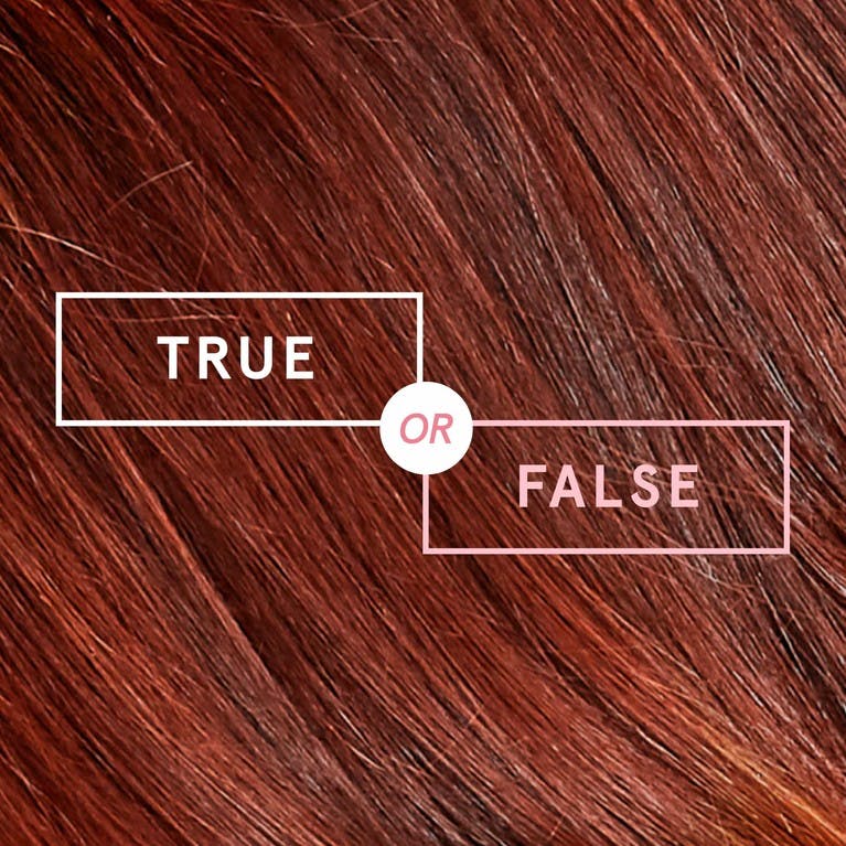 Image of hair swatch background with text overlay that says true or false for esalons color mastery blog about hair myths