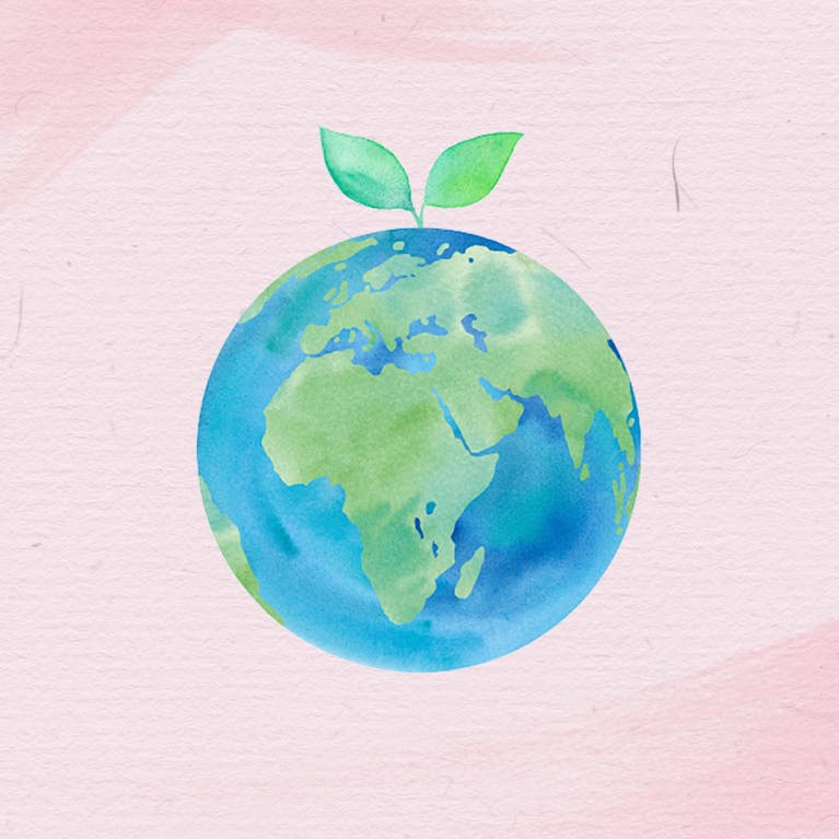 Watercolor illustration of planet Earth as we celebrate Earth Day with sustainability here at eSalon, AURA, and Colorsmith. 