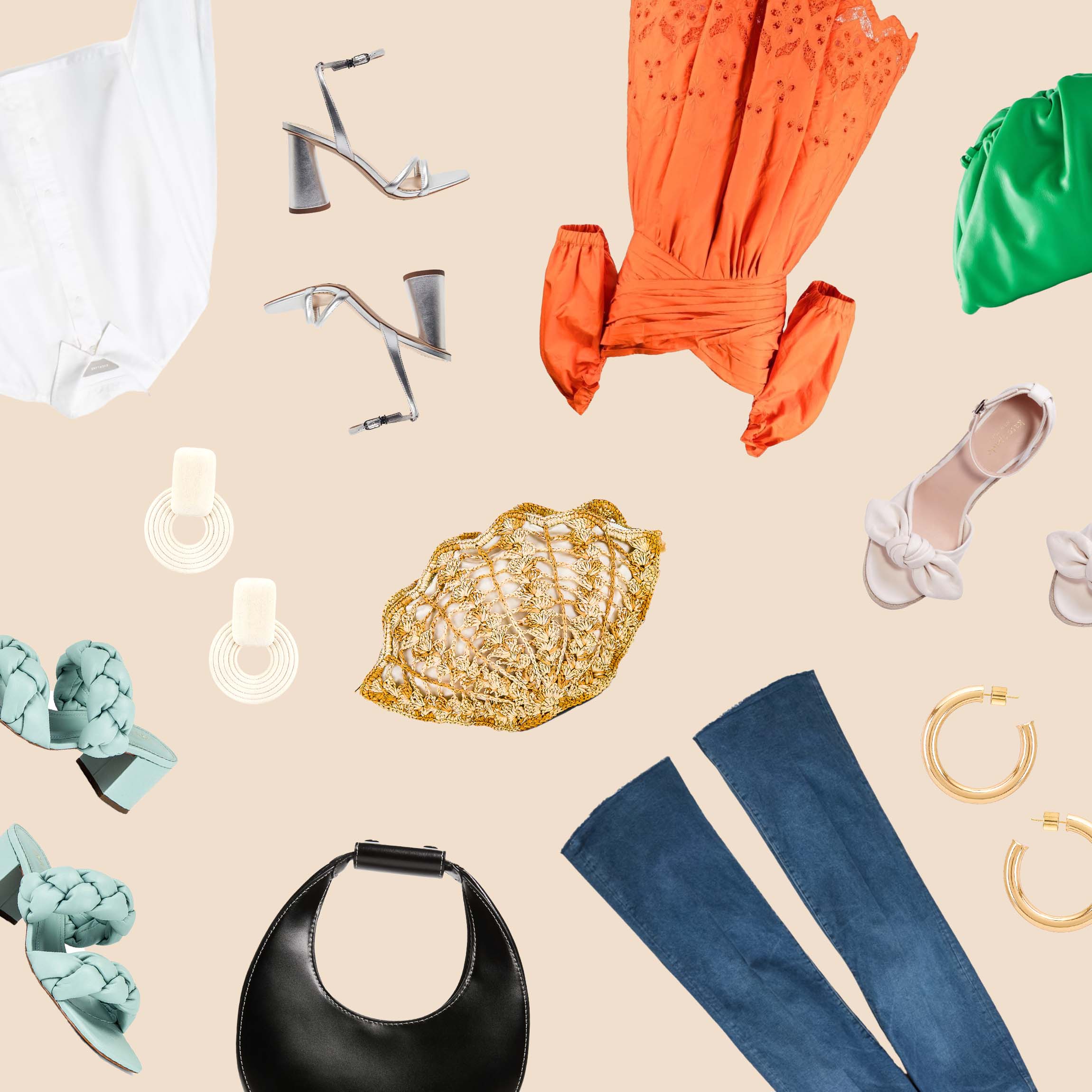 Collage of dresses, shirts, jeans, purses, shoes, earrings, and handbags that are perfect for spring.