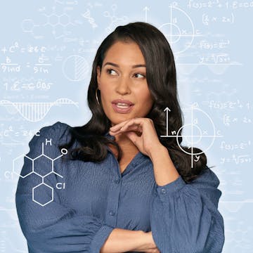 Woman with dark hair pondering with equation graphics.