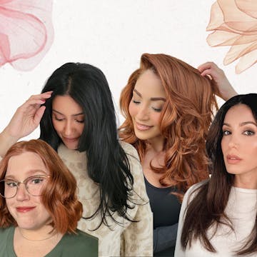 Collage von vier Frauen, die die Must-Have-Haarfarben 2024 zeigen.
