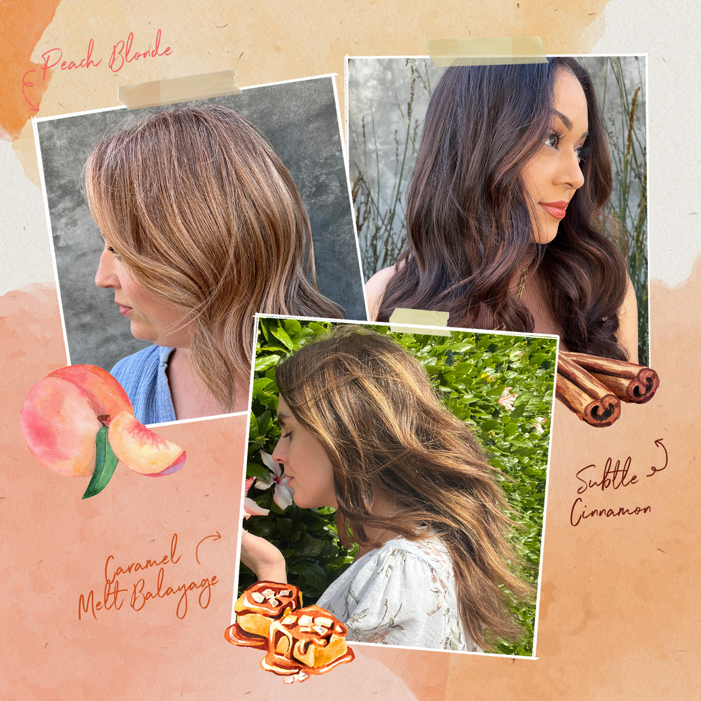 Three images of the spring and summer hair color trends.