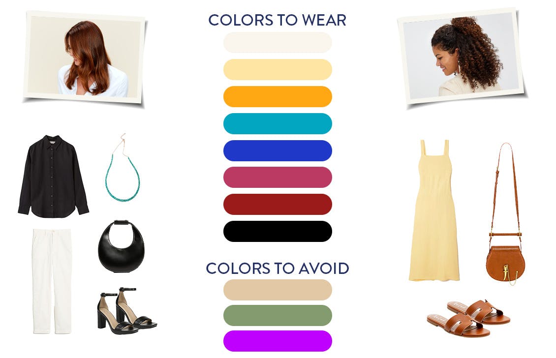 Digital collage of springtime clothing and accessories that brunettes should wear to compliment their hair color. This collage also includes color swatches of Colors to Wear and Colors to Avoid. 