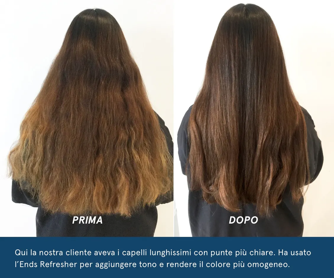 qui la nostra cliente aveva i capelli lunghissimi con punte più chiare. Ha usato l’ends refresher per aggiungere tono e rendere il colore più omogeneo.”