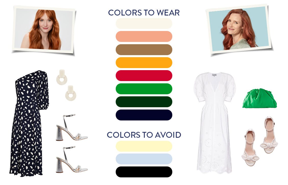 Digital collage of springtime clothing and accessories that redheads should wear to compliment their hair color. This collage also includes color swatches of Colors to Wear and Colors to Avoid. 