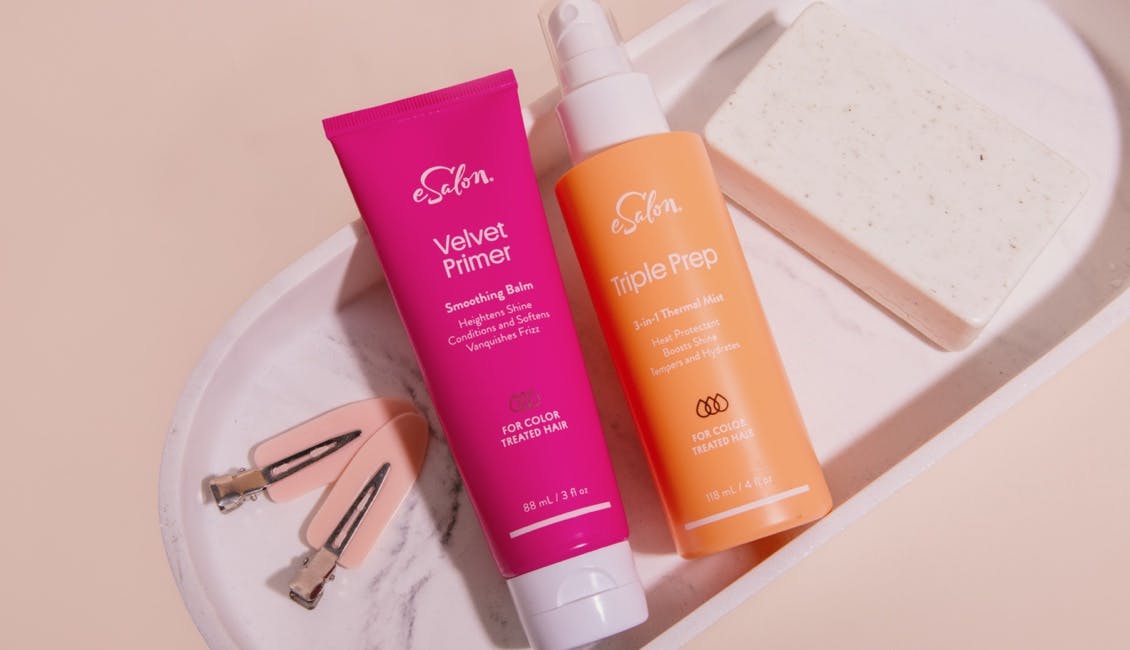 eSalon styling and treatment products Velvet Primer and Triple Prep.