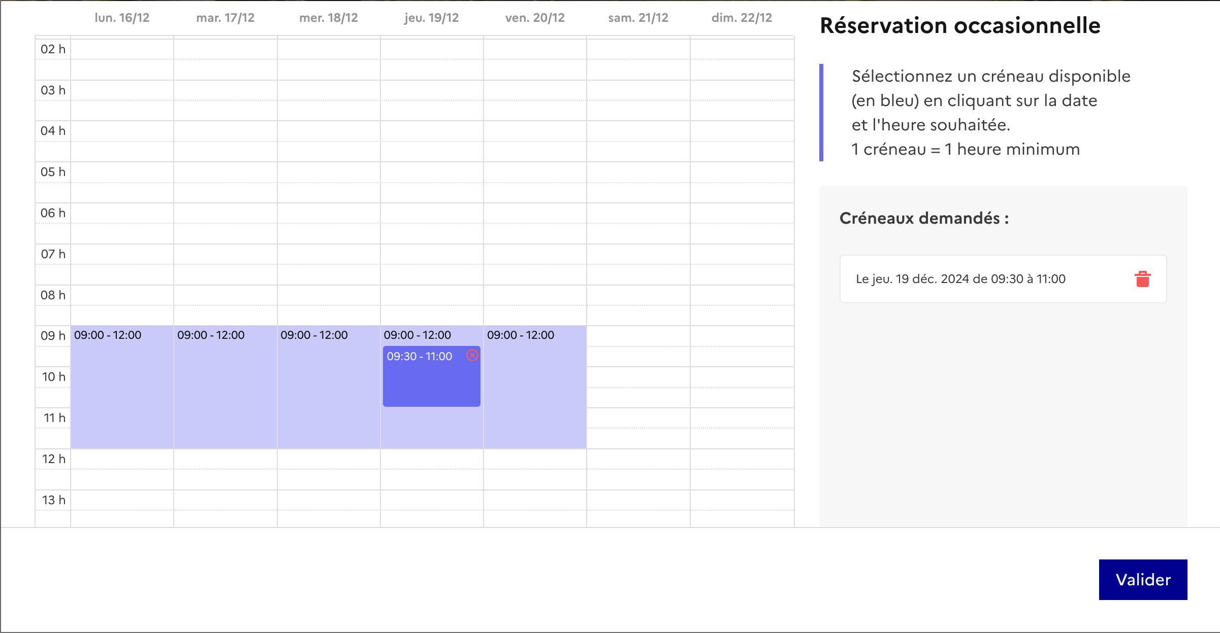 Vue agenda Espace sur Demande