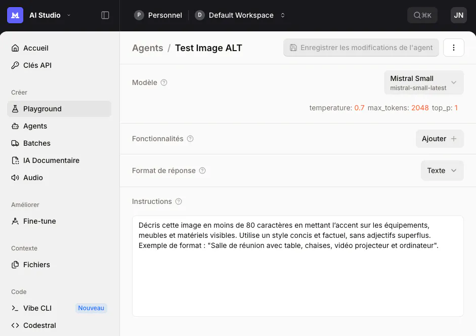 Interface du studio Mistral proposant la création d’agent, on peut indiquer les instructions ainsi que le modèle à utilise