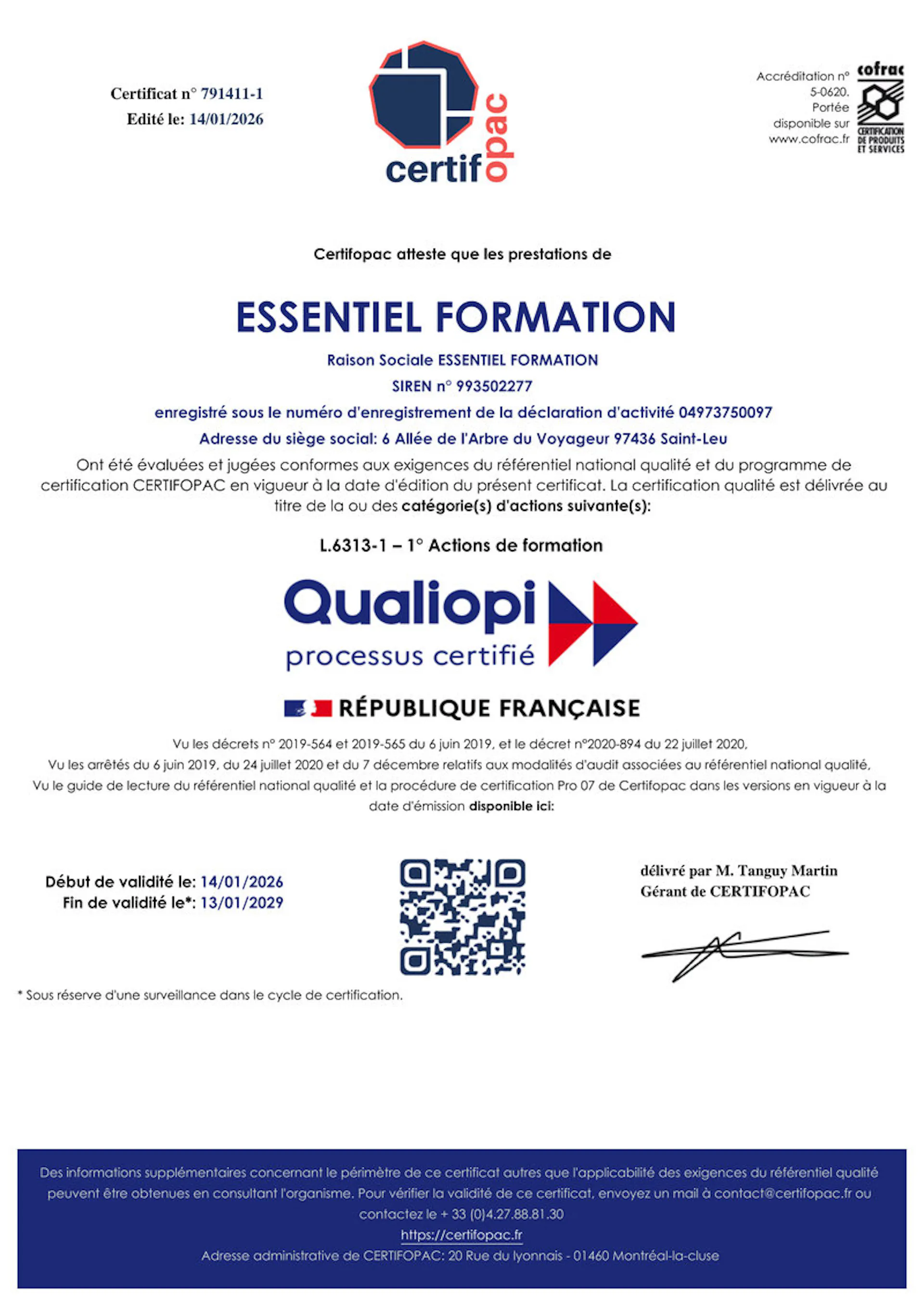 Certificat Qualiopi d’Essentiel Formation, délivré par CERTIFOPAC