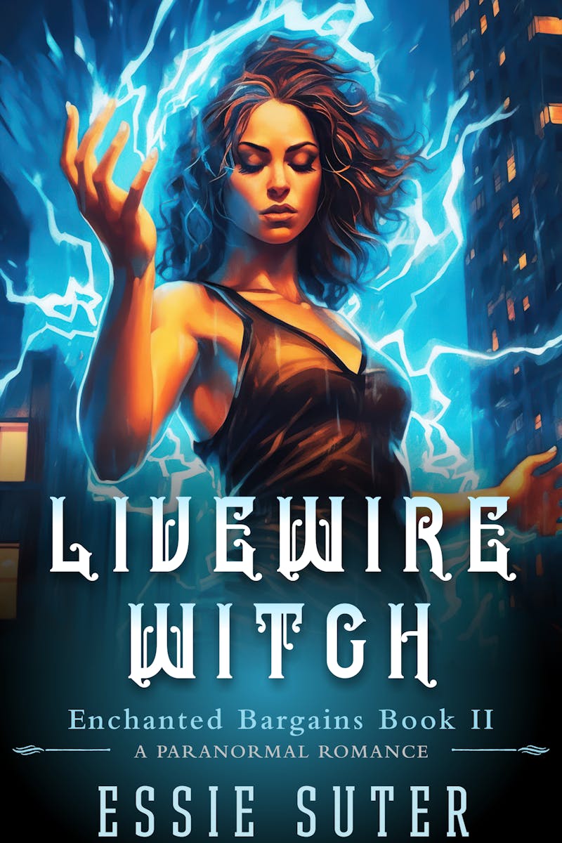Cover for Livewire Witch by Essie Suter. A woman looks down while holding up her arm, she’s surrounded by blue flickers of electricity