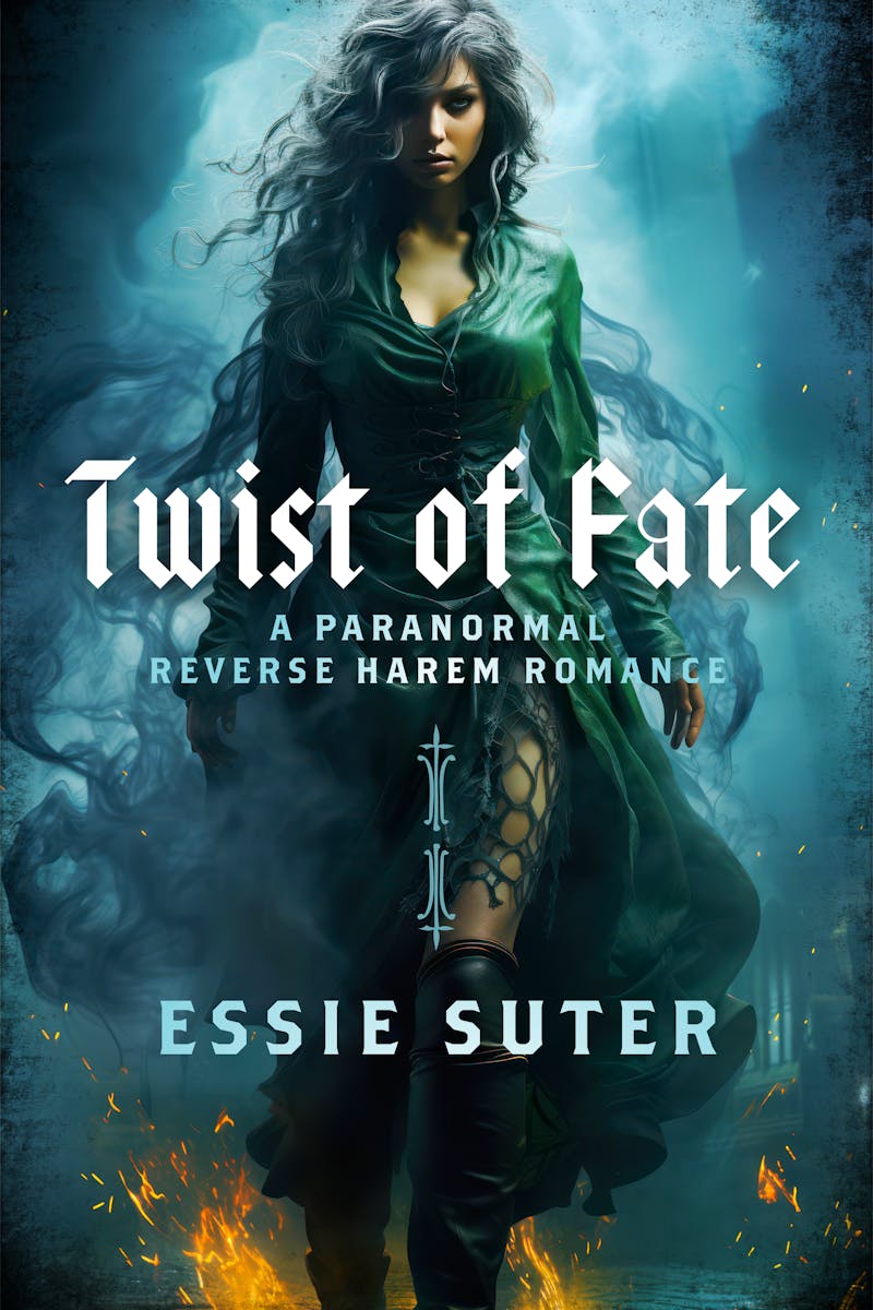 Book cover for Twist of Fate by Essie Suter. A brunette woman in a long green dress stares out to the camera, there are flames on the ground and smoke in the background