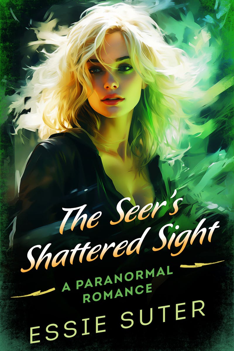 The cover shows a blonde, slightly ethereal-looking woman staring at the camera, she' surrounded by greenish smoke. The title of the book is The Seer's Shattered Sight: A paranormal romance. The author is Essie Suter