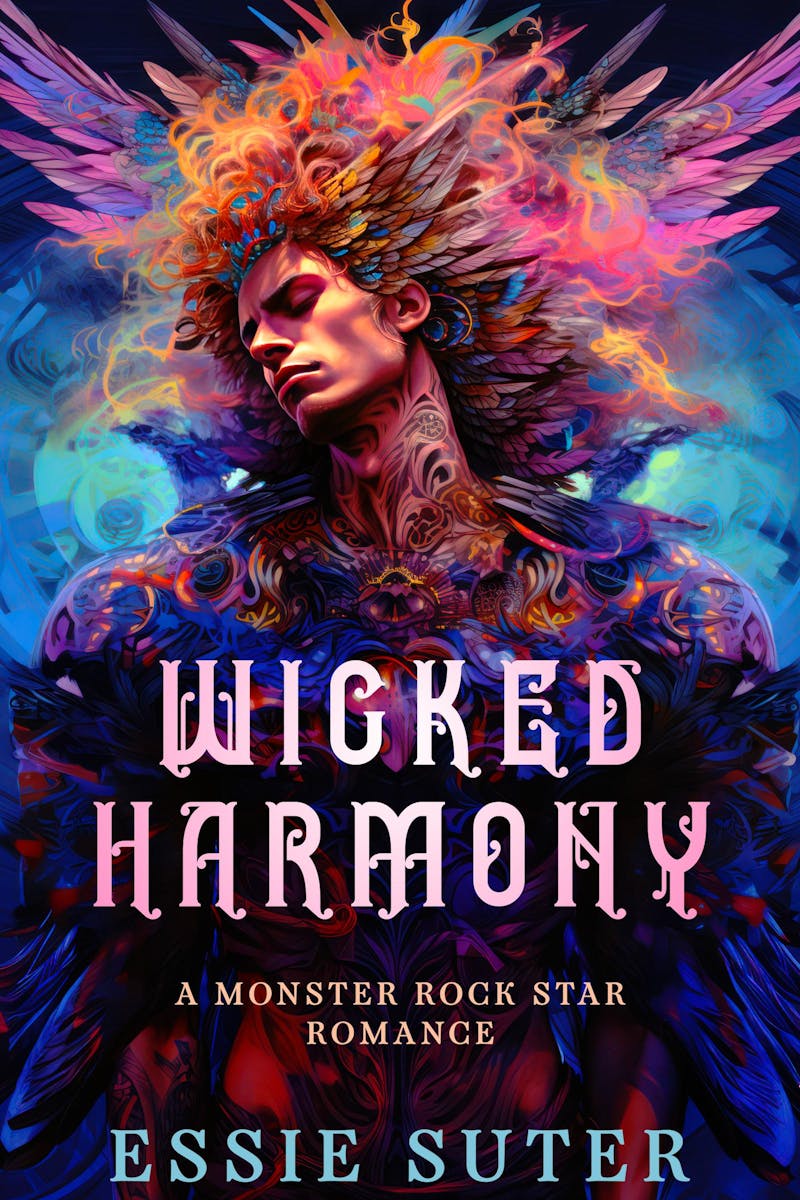 Book cover for Wicked Harmony by Essie Suter. A tattooed man with colourful feathers surrounding him has his head tilted back and eyes closed