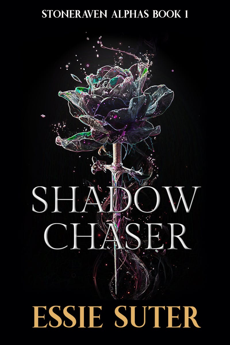 Cover for Shadow Chaser by Essie Suter. The focal image is a sword with the head of a rose in black and white with some pink accents.