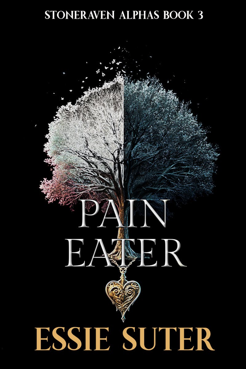 The cover for Pain Eater by Essie Suter. A monochrome tree is split down the middle with one half light and the other half dark. At the base is a heart in place of roots. The background is black and the authors name stands out in gold