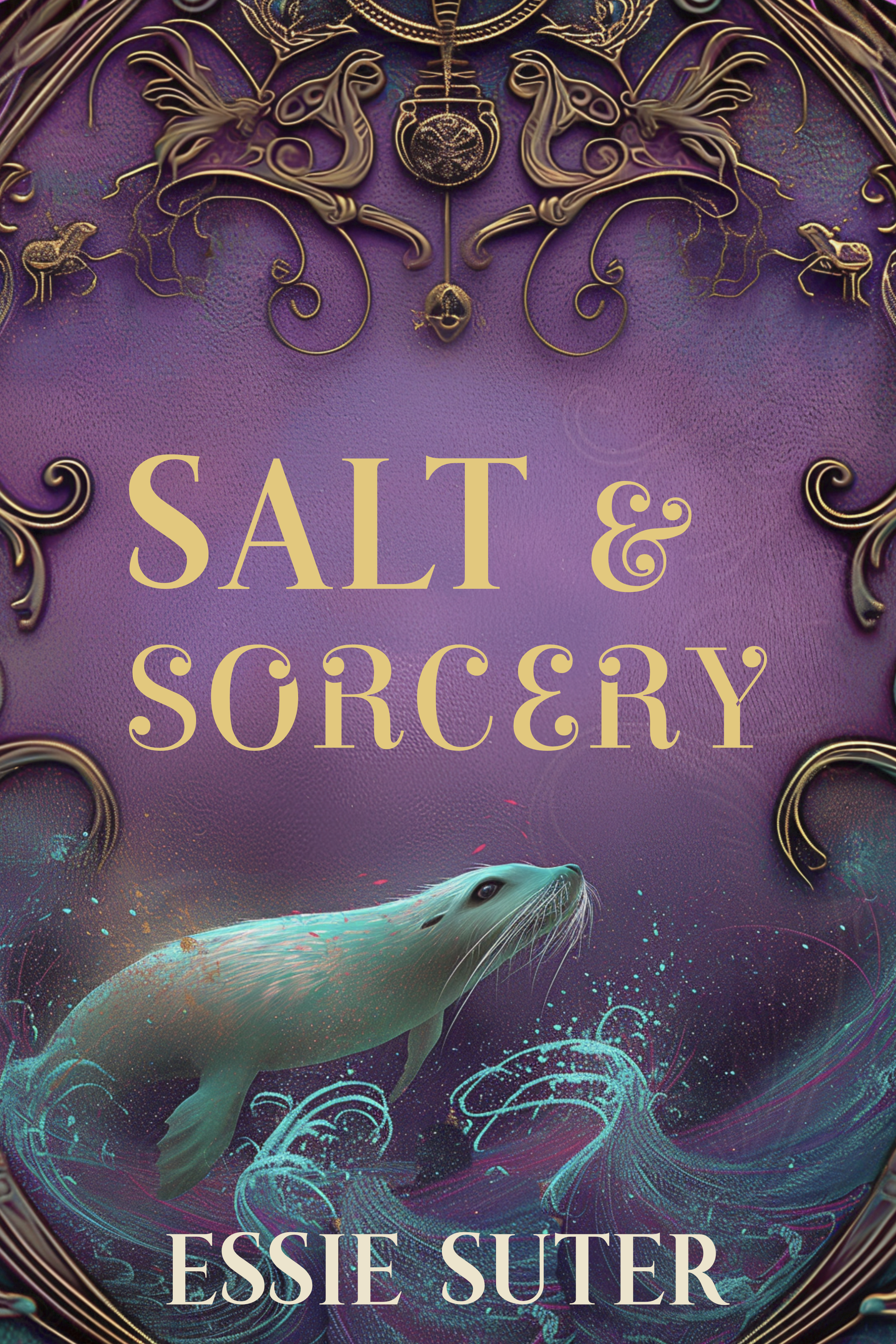 Cover for Salt and Sorcery by Essie Suter. The cover features intricate metallic swirls along with a graphic of a seal. At the bottom are illustrated waves.