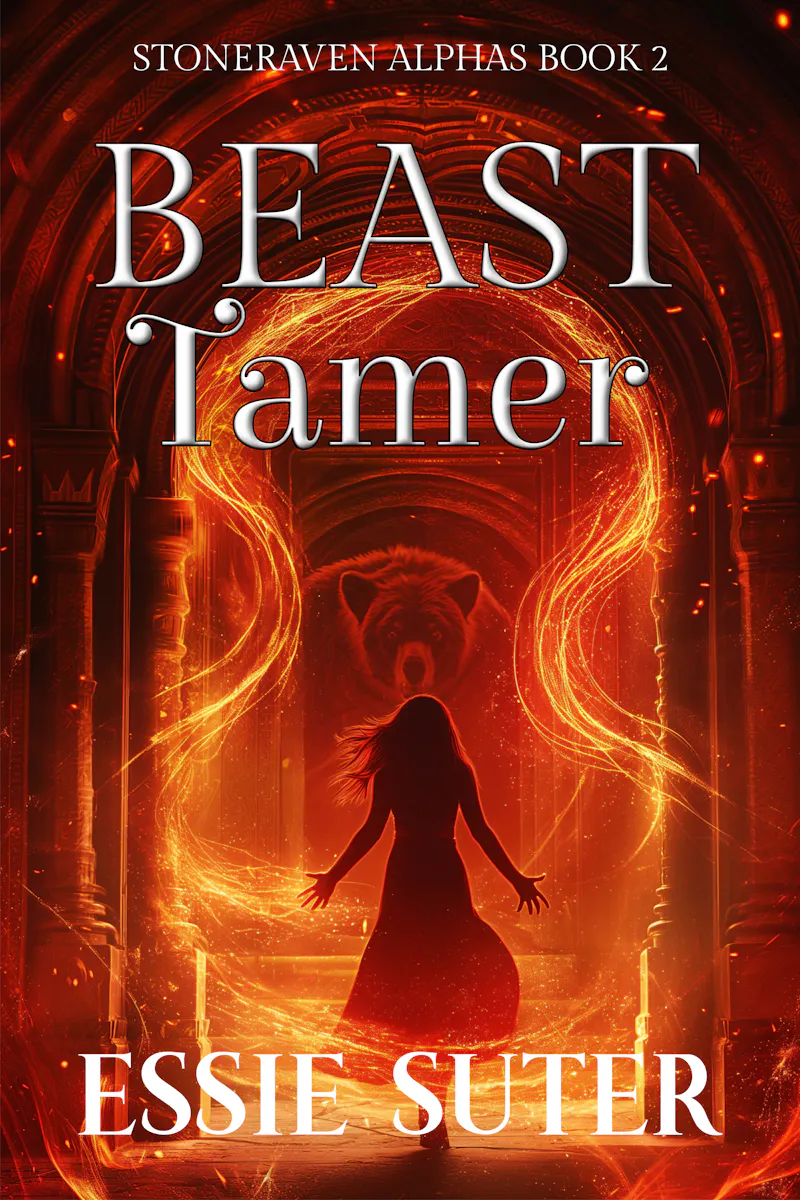 Cover for Beast Tamer by Essie Suter. Book two in the Stoneraven Alphas series. Red cover with the silhouette of a woman stepping through an archway toward a gigantic mystical bear