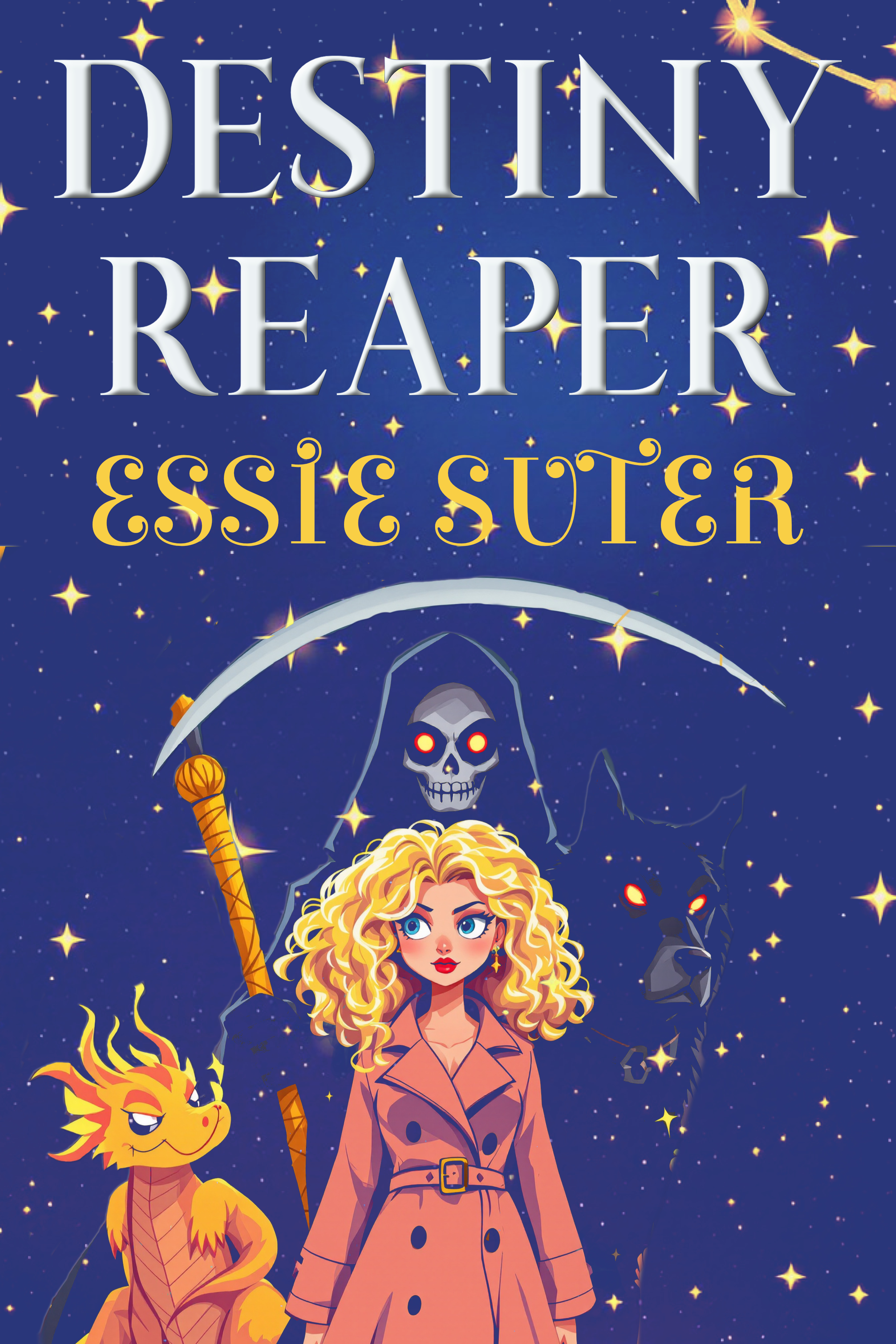 Cover for Destiny Reaper by Essie Suter. Cartoony cover with a blonde woman standing beside a cute orange dragon, behind her is a grim reaper and faded into the background is a large hound with glowing orange eyes. The background is blue with stars