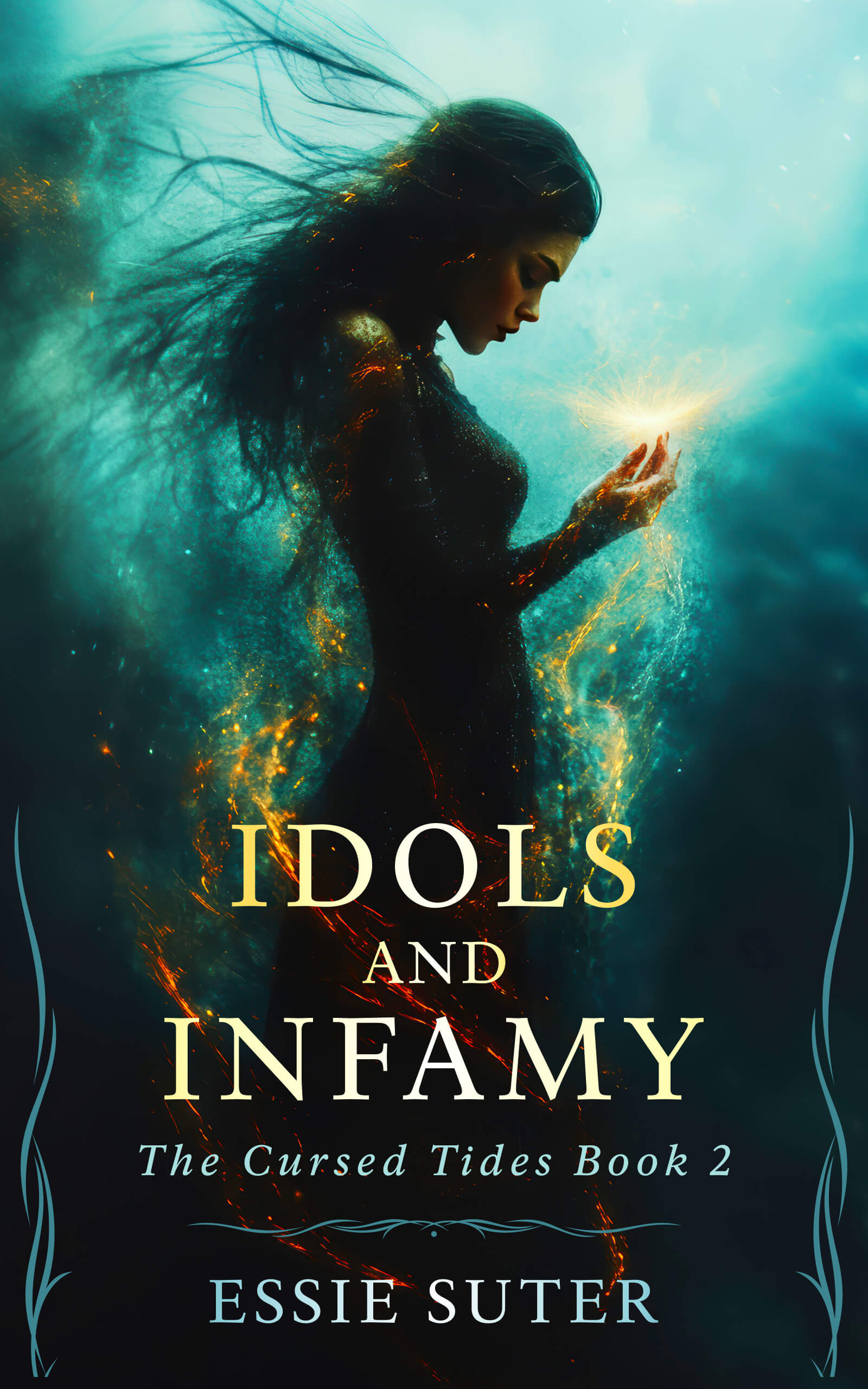 The book cover for Idols and Infamy by Essie Suter. A dark haired woman looks down at a spark of magic in her hand. The background is greenish blue with the appearance of waves