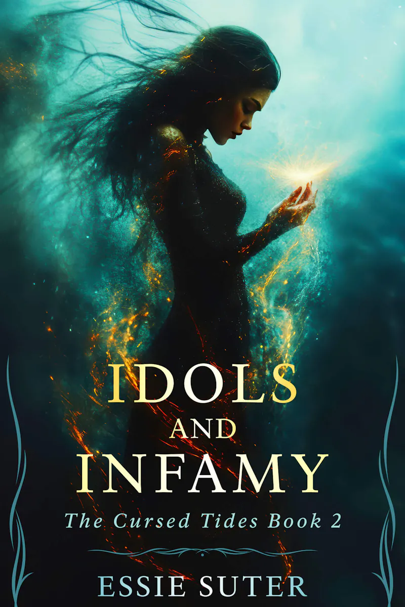 The book cover for Idols and Infamy by Essie Suter. A dark haired woman looks down at a spark of magic in her hand. The background is greenish blue with the appearance of waves