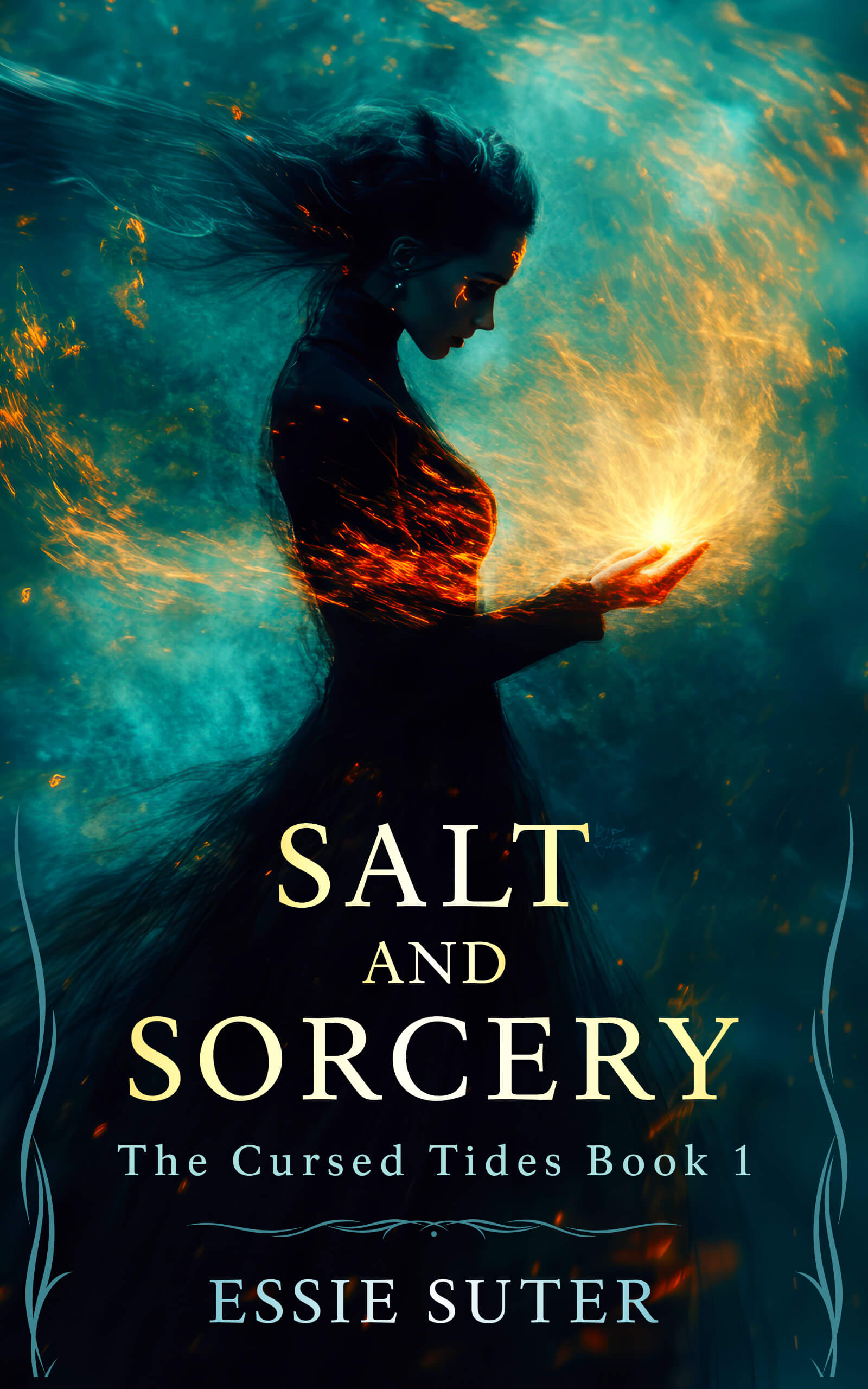 Book cover for Salt and Sorcery by Essie Suter. A dark haired woman looks down at her hand which is filled with a magical glow. The wind moves her hair and the background is blue and has the impression of waves