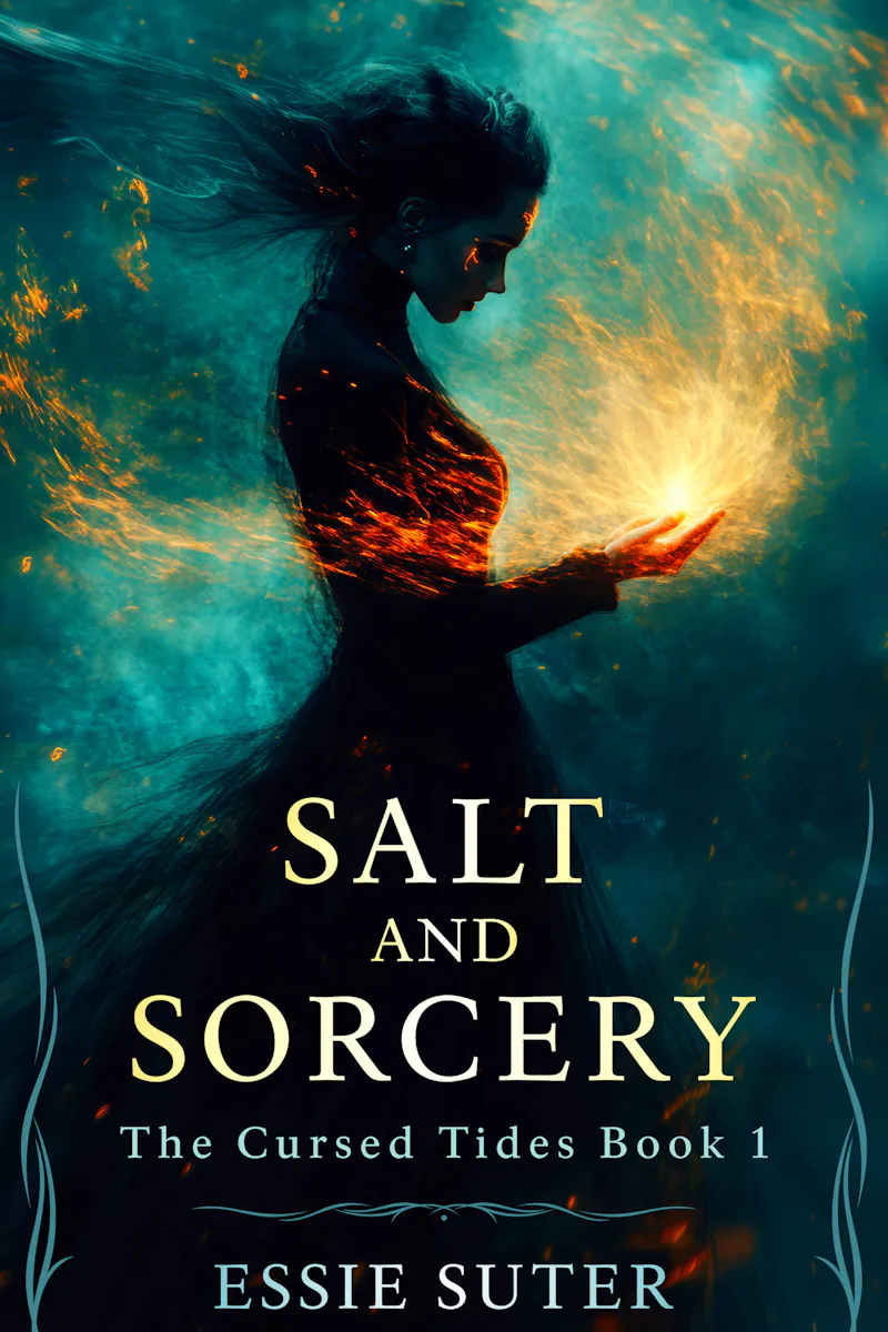 Book cover for Salt and Sorcery by Essie Suter. A dark haired woman looks down at her hand which is filled with a magical glow. The wind moves her hair and the background is blue and has the impression of waves