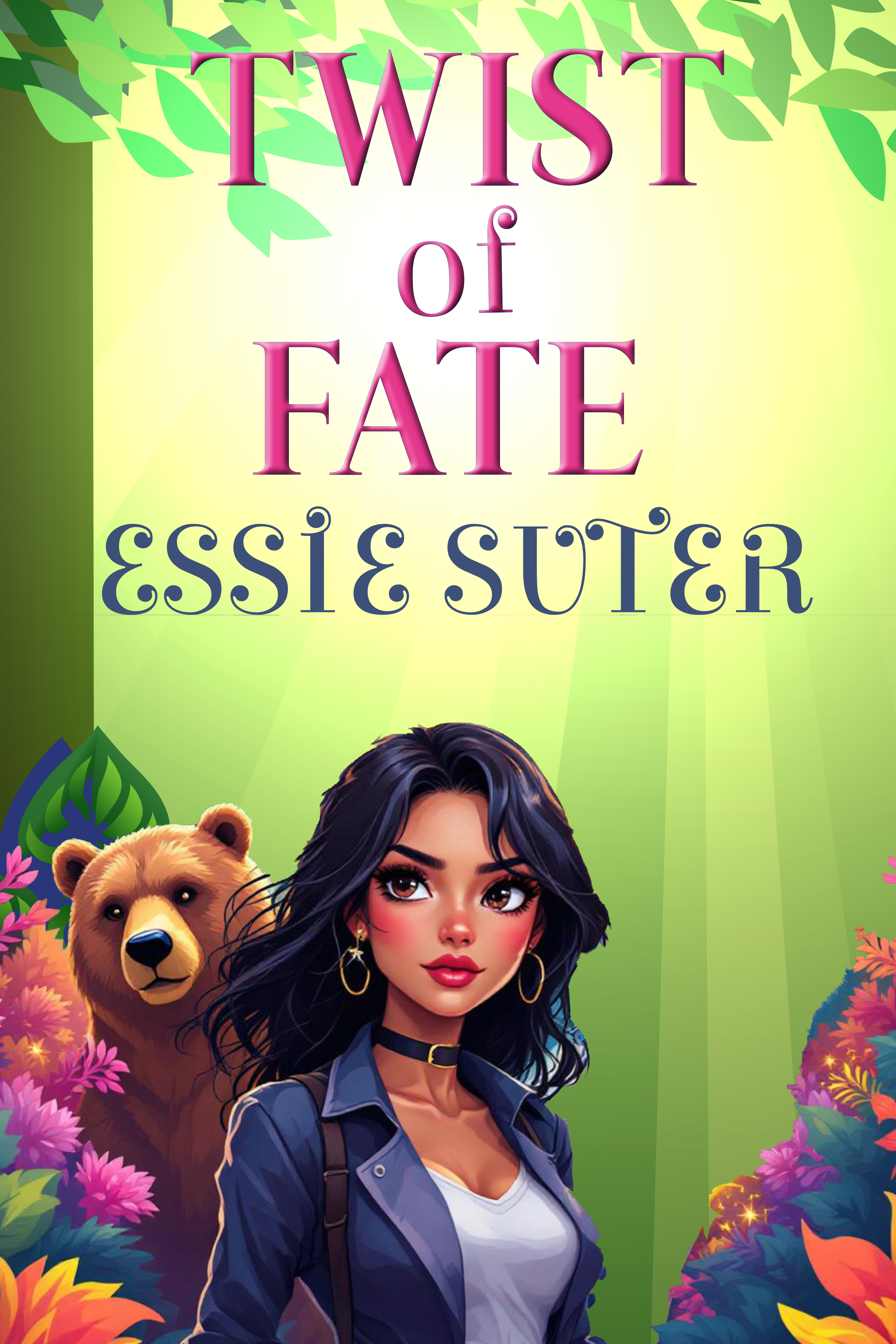 Cartoon style cover for Twist of Fate by Essie Suter. A dark haired woman looks out to camera with a bear peeking out behind her