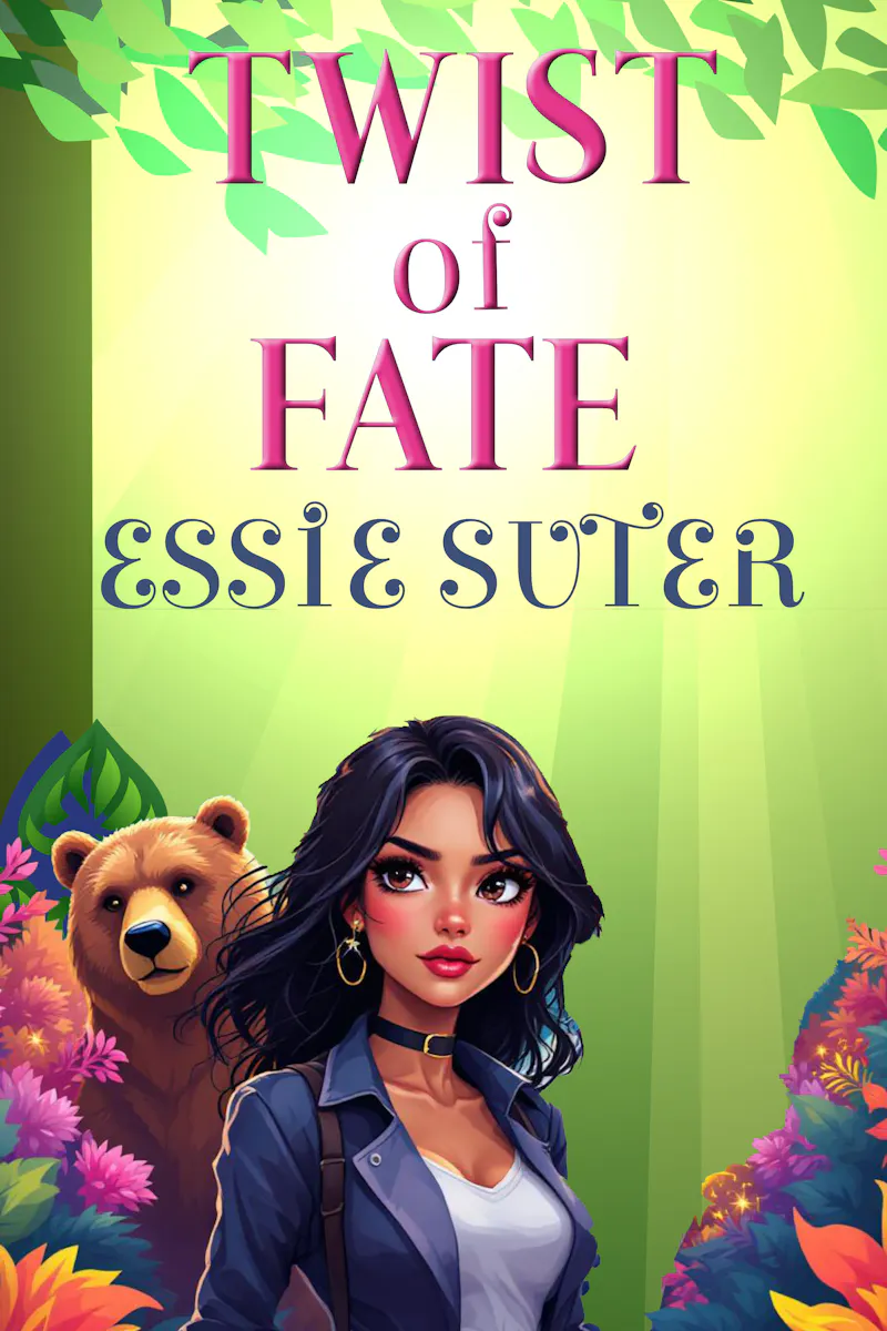 Cartoon style cover for Twist of Fate by Essie Suter. A dark haired woman looks out to camera with a bear peeking out behind her