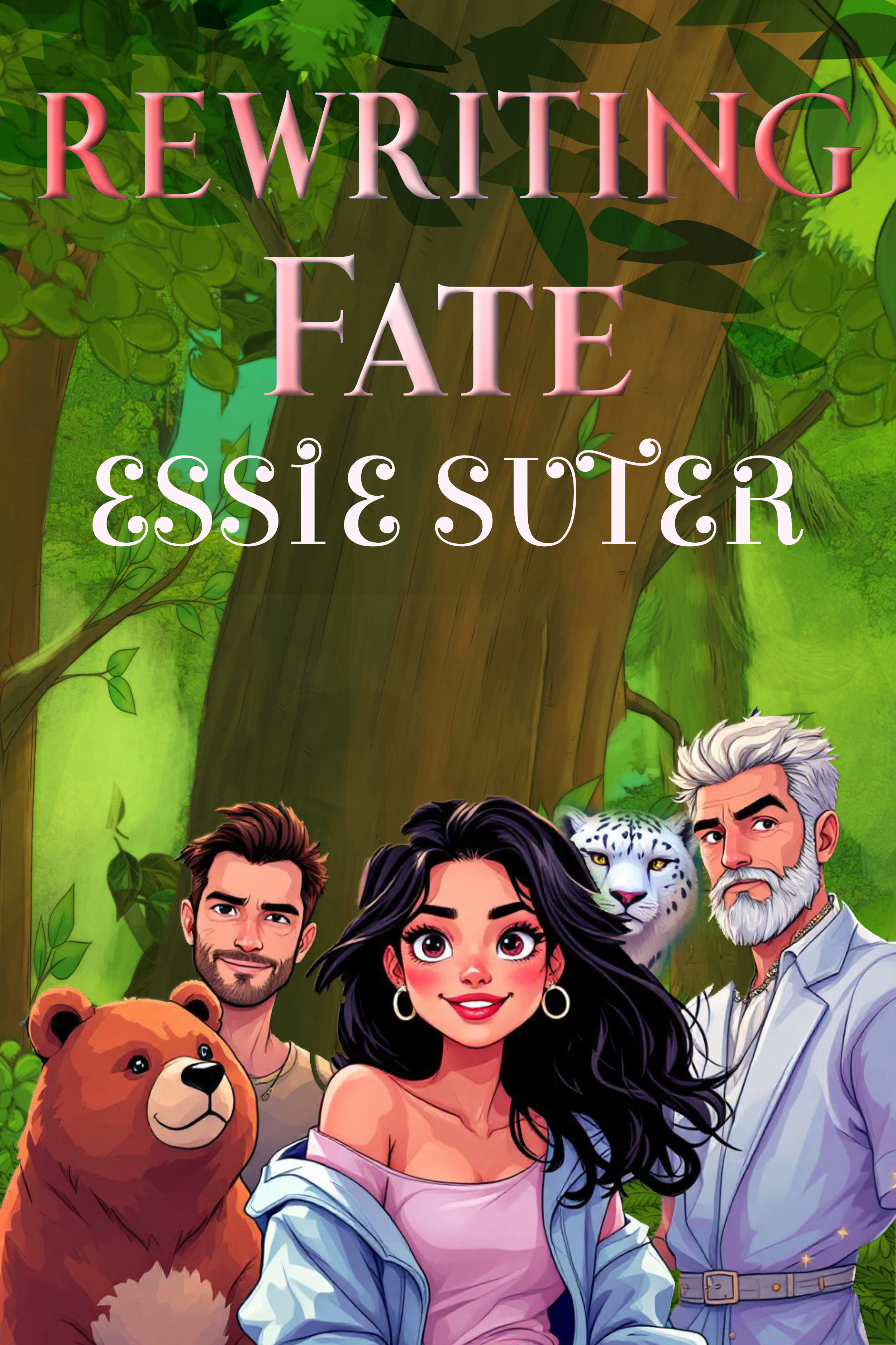 Cartoony style cover for Rewriting Fate by Essie Suter. A dark haired woman looks out to camera with a tree behind her. Beside her are a white haired, bearded, handsome man, a smiling dark haired man and a bear and a snow leopard