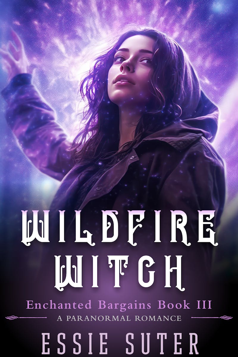 Book cover for Wildfire Witch by Essie Suter. A dark haired woman wearing a leather jacket looks into the distance. She's surrounded by purple rays that look magical