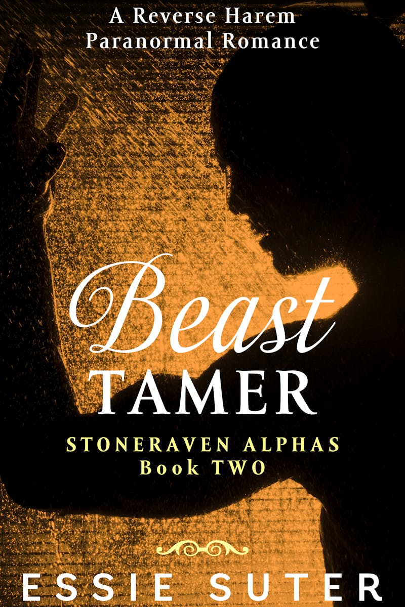 Beast Tamer: A Reverse Harem Paranormal Romance book cover. Orange background with silhouette of a man. 