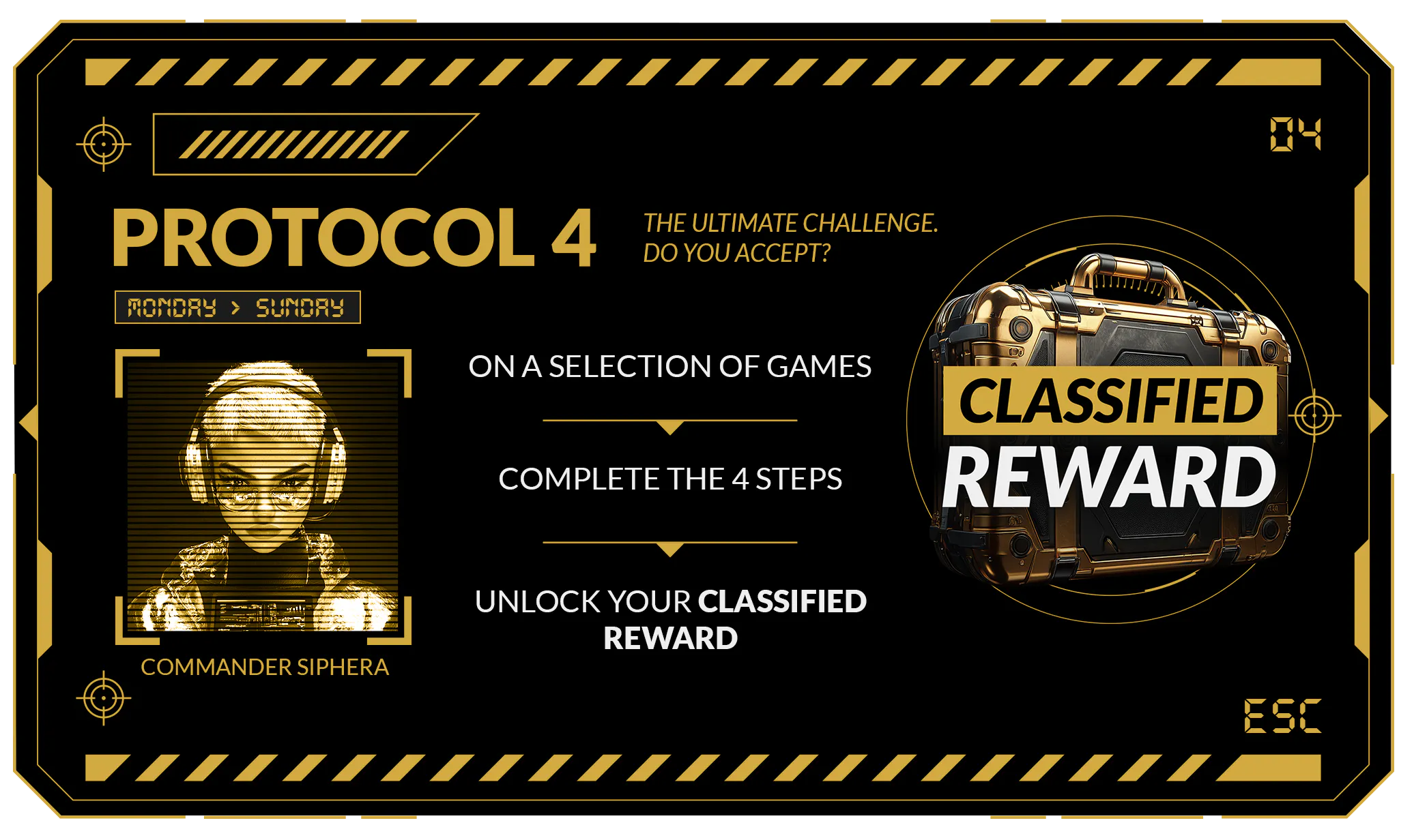 Take on weekly Protocol 4 and unlock the ultimate secret reward!