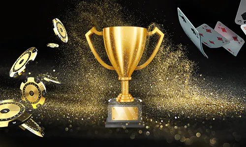 troféu dourado rodeado de fichas de casino e cartas de jogar em fundo escuro com brilhos