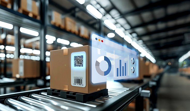 Industrial smart packaging with embedded sensors, RFID, and QR codes enabling real-time monitoring, traceability, and sustainable supply chain management for manufacturing.