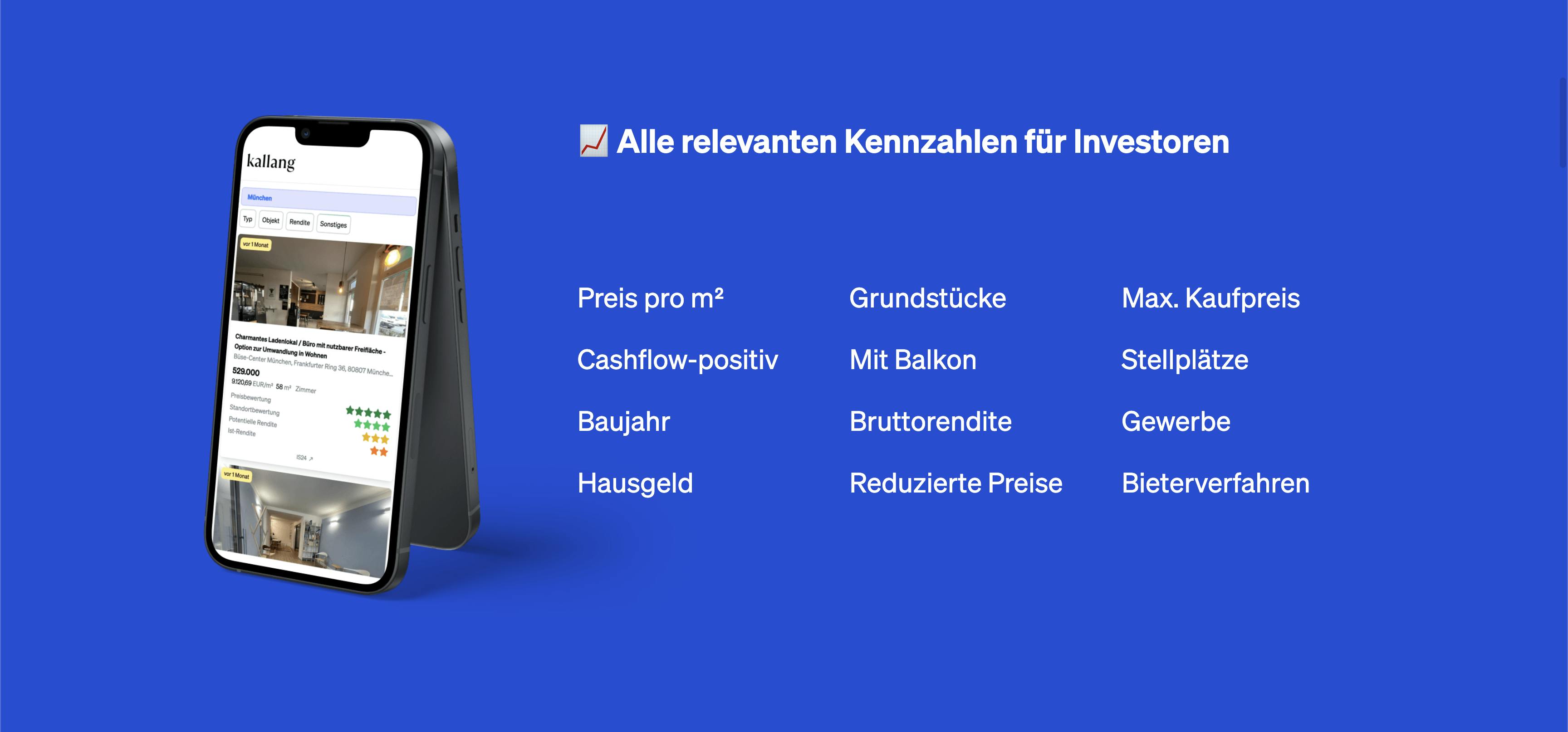 Kallang hat mehr als 200.000 Immobilien und ist an alle namhaften Immobilien-Plattformen angebunden. Mehr als 200 Kennzahlen berechnet das Unternehmen - und lässt Investoren danach filtern und sich per E-Mail Notification benachrichten.