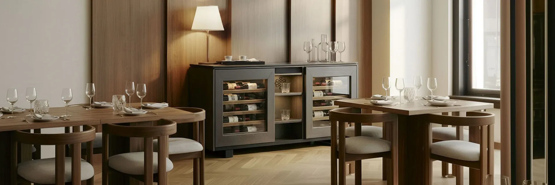 A low horizontal EuroCave presentation cabinet in a restaurant dining room, evoking the 2025 horizontal wine cabinet reinvented as design furniture.