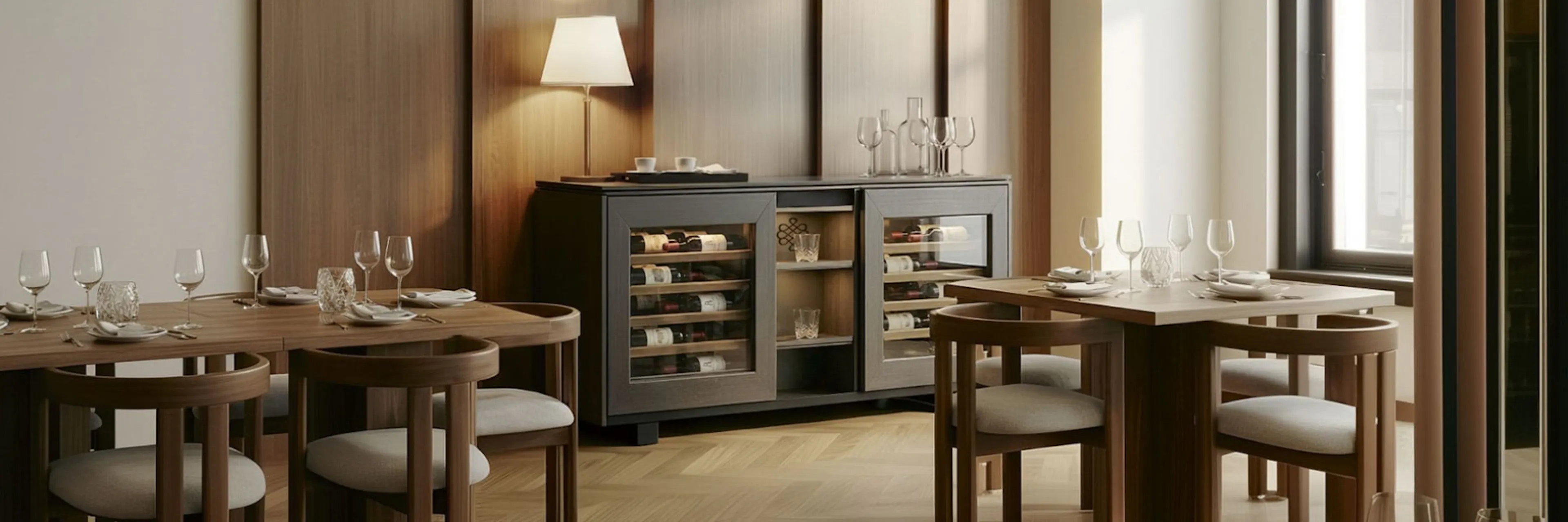 A low horizontal EuroCave presentation cabinet in a restaurant dining room, evoking the 2025 horizontal wine cabinet reinvented as design furniture.