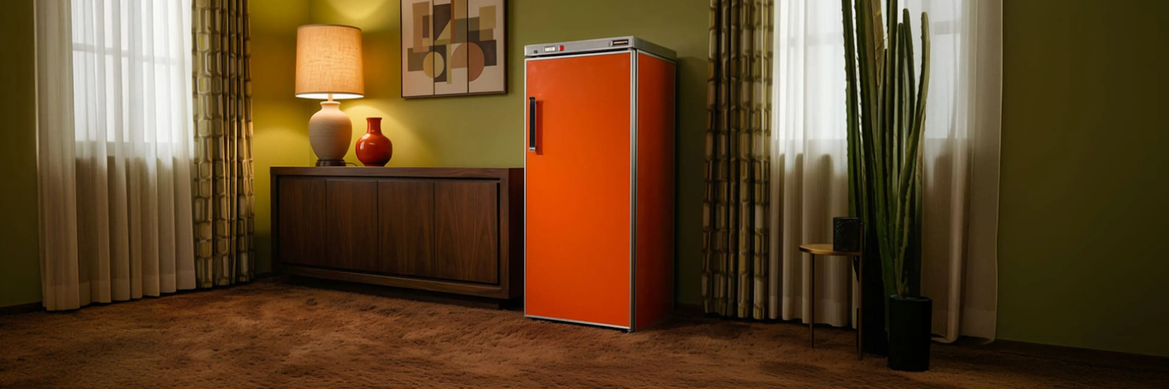La première cave à vin EuroCave de 1976, en orange vintage dans un intérieur rétro — la première cave à vin au monde.