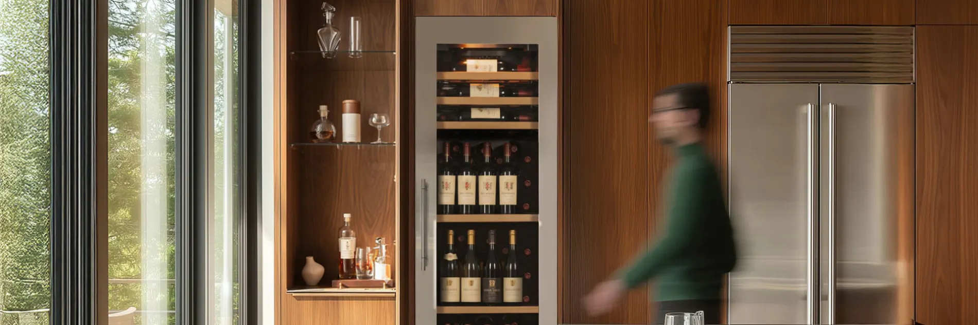 A built-in EuroCave wine column integrated into a warm wood kitchen — the first wine cabinet designed for the kitchen (1997).