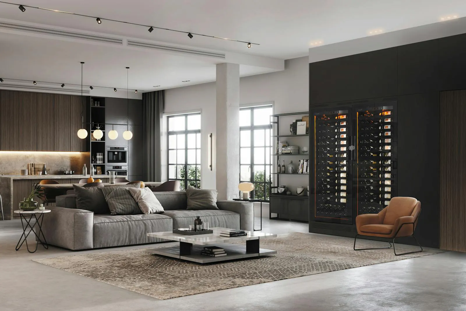 Une grande cave à vin EuroCave double, noire et remplie de bouteilles, dans un loft moderne à aire ouverte, marquant Eurocel comme distributeur d'EuroCave au Canada depuis 2004.