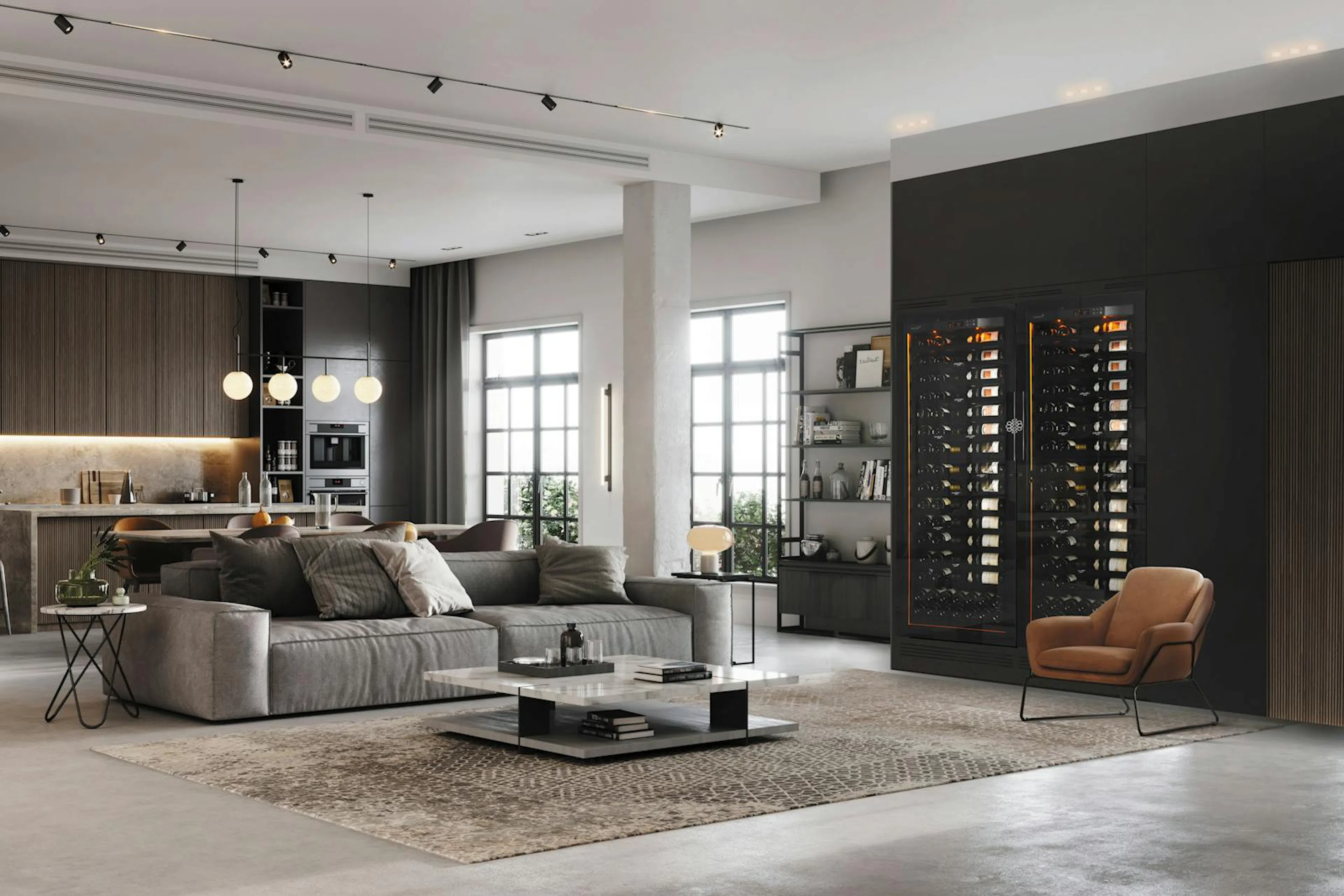 Une grande cave à vin EuroCave double, noire et remplie de bouteilles, dans un loft moderne à aire ouverte, marquant Eurocel comme distributeur d'EuroCave au Canada depuis 2004.